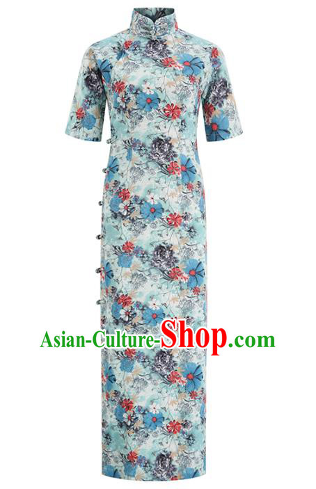 Chinese Traditional Printing Flowers Cheongsam Clothing Classical Light Blue Flax Qipao Dress