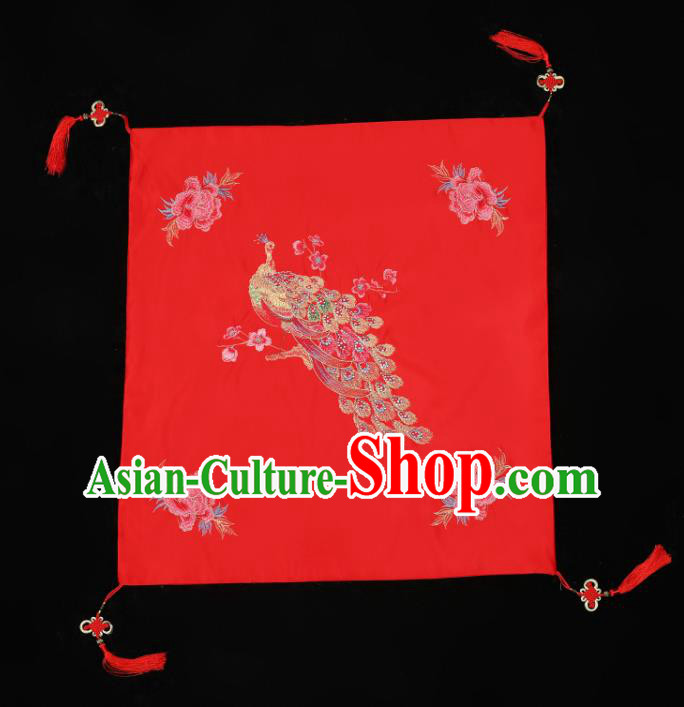 China Traditional Wedding Satin Headwear Bride Red Veil Xiuhe Suit Embroidered Peacock Peony Headdress