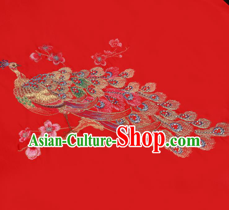 China Traditional Wedding Satin Headwear Bride Red Veil Xiuhe Suit Embroidered Peacock Peony Headdress
