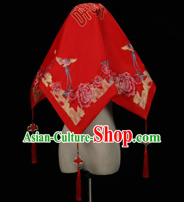 China Bride Red Veil Traditional Wedding Headwear Xiuhe Suit Embroidered Peony Headdress