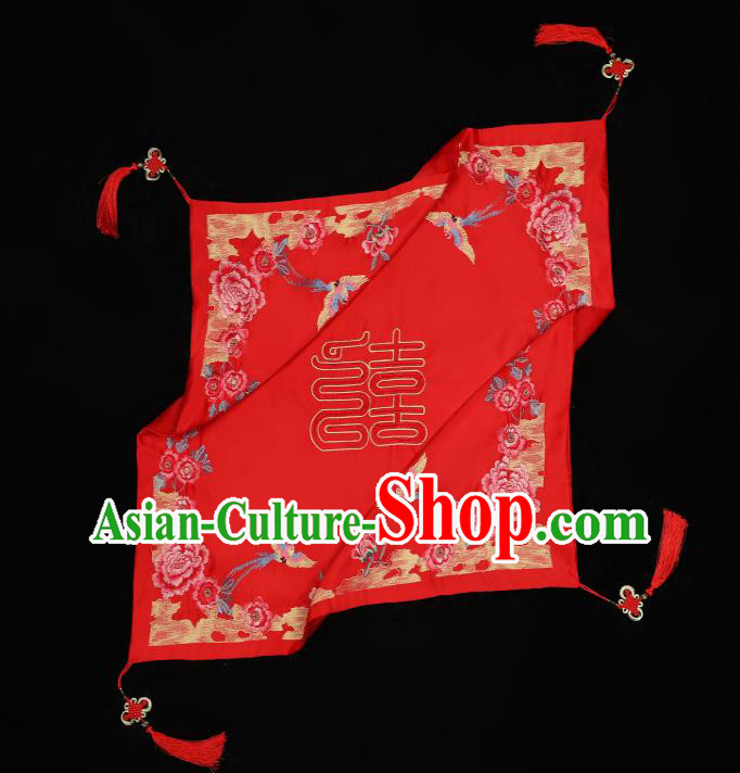 China Bride Red Veil Traditional Wedding Headwear Xiuhe Suit Embroidered Peony Headdress