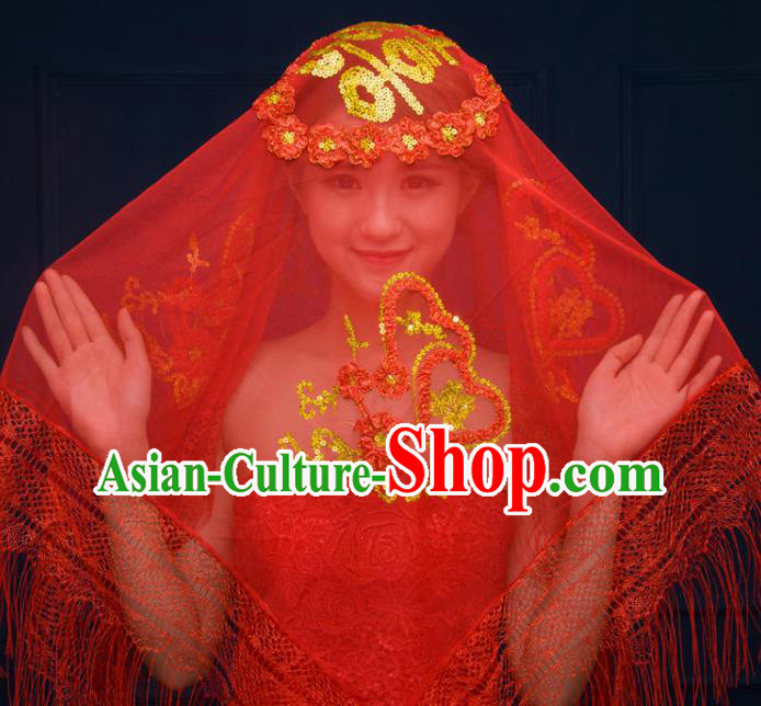 China Bride Red Lace Tassel Veil Traditional Wedding Headwear Xiuhe Suit Headdress