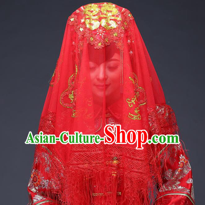 China Bride Red Lace Tassel Veil Traditional Wedding Headwear Xiuhe Suit Headdress