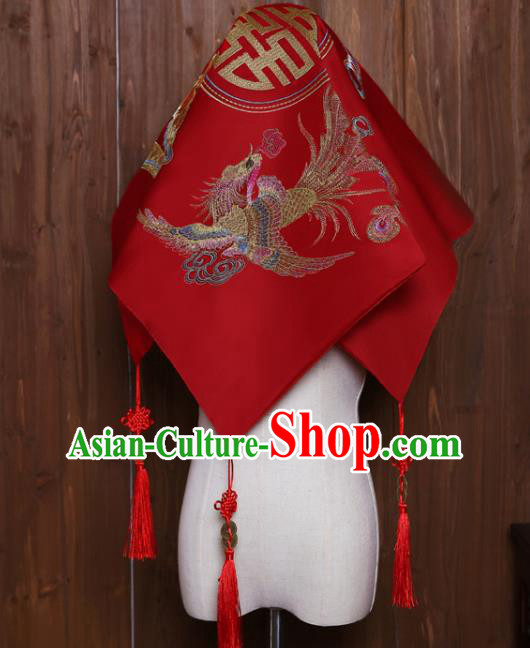 China Embroidered Dragon Phoenix Bride Red Veil Traditional Xiuhe Suit Headdress Wedding Headwear