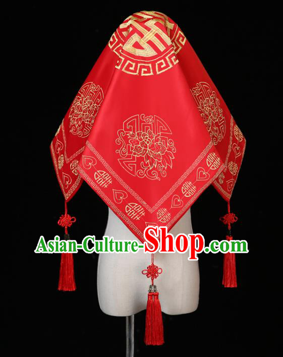 China Traditional Wedding Headwear Ancient Bride Red Veil Xiuhe Suit Red Satin Kerchief Headdress
