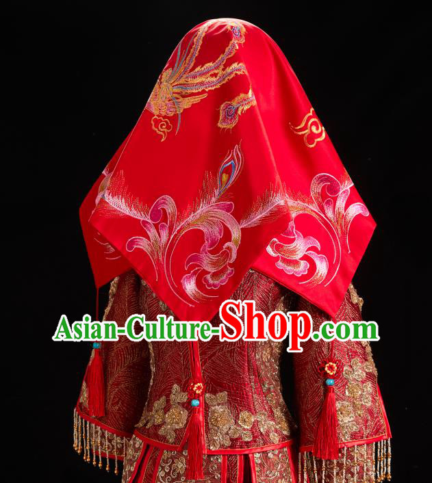 China Xiuhe Suit Red Satin Kerchief Traditional Wedding Headwear Embroidered Phoenix Bridal Veil