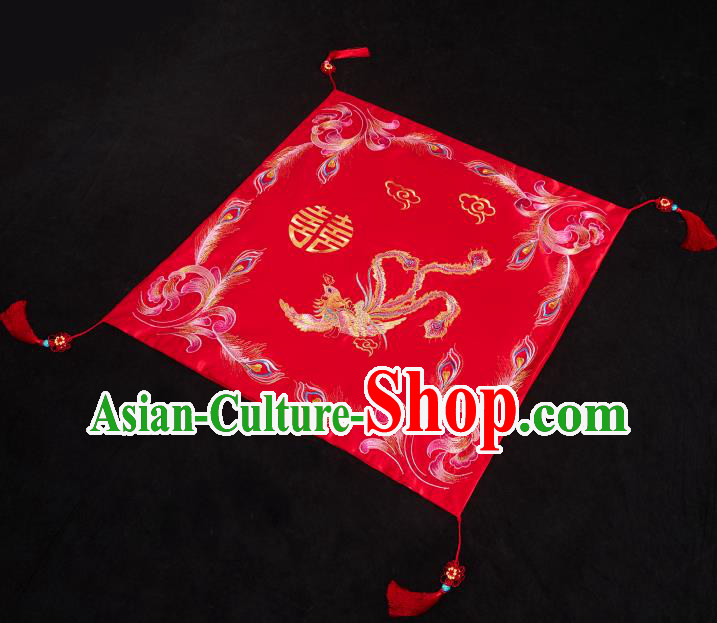 China Xiuhe Suit Red Satin Kerchief Traditional Wedding Headwear Embroidered Phoenix Bridal Veil
