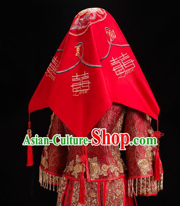 China Traditional Wedding Headdress Embroidered Dragon Phoenix Bridal Veil Xiuhe Suit Red Satin Kerchief