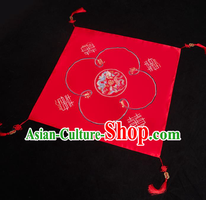 China Traditional Wedding Headdress Embroidered Dragon Phoenix Bridal Veil Xiuhe Suit Red Satin Kerchief