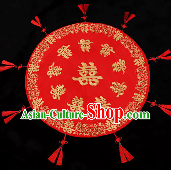 China Red Satin Circular Kerchief Bridal Veil Traditional Wedding Xiuhe Suit Embroidered Headpiece