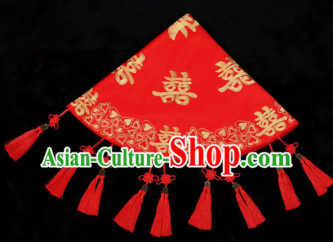 China Red Satin Circular Kerchief Bridal Veil Traditional Wedding Xiuhe Suit Embroidered Headpiece