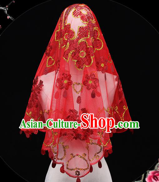 China Red Bridal Veil Kerchief Traditional Wedding Xiuhe Suit Embroidered Headdress
