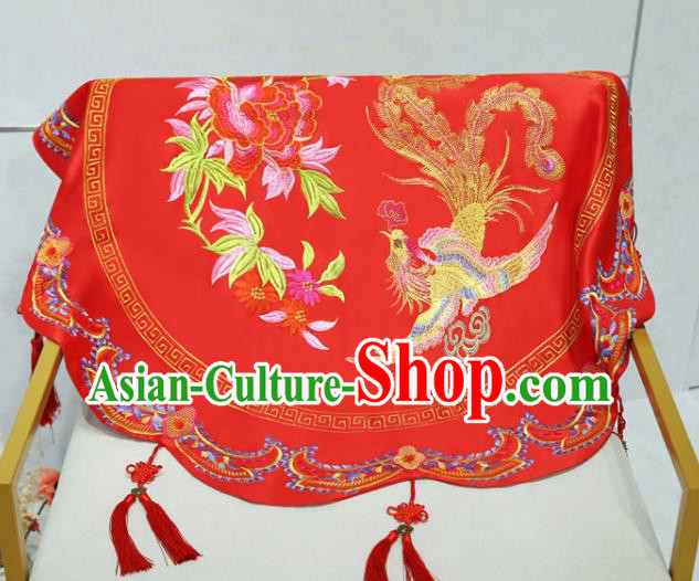 China Traditional Wedding Xiuhe Suit Headdress Embroidery Dragon Phoenix Red Bridal Veil Kerchief