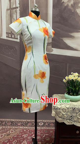 Chinese Classical Printing Flowers Cheongsam Traditional Dance Performance Qipao Dress Costume