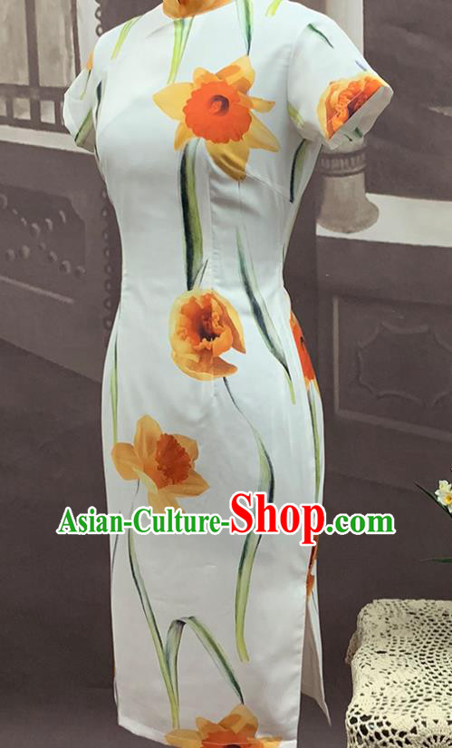 Chinese Classical Printing Flowers Cheongsam Traditional Dance Performance Qipao Dress Costume