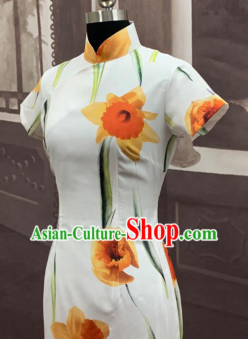 Chinese Classical Printing Flowers Cheongsam Traditional Dance Performance Qipao Dress Costume