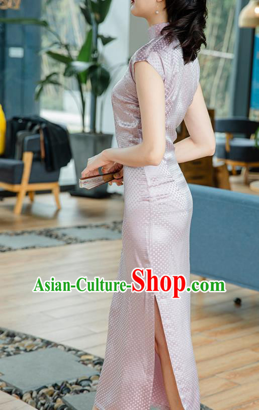 Republic of China Jacquard Brocade Cheongsam Costume Traditional Minguo Lilac Silk Qipao Dress