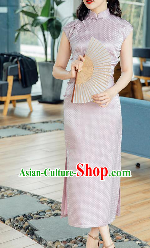 Republic of China Jacquard Brocade Cheongsam Costume Traditional Minguo Lilac Silk Qipao Dress