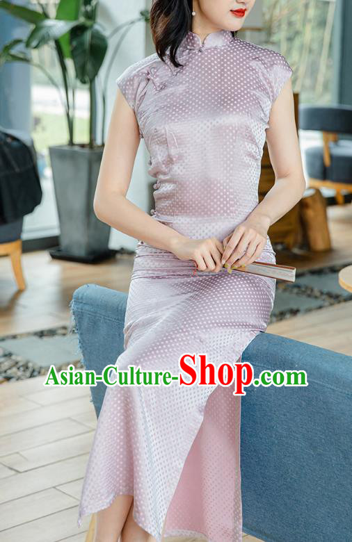 Republic of China Jacquard Brocade Cheongsam Costume Traditional Minguo Lilac Silk Qipao Dress