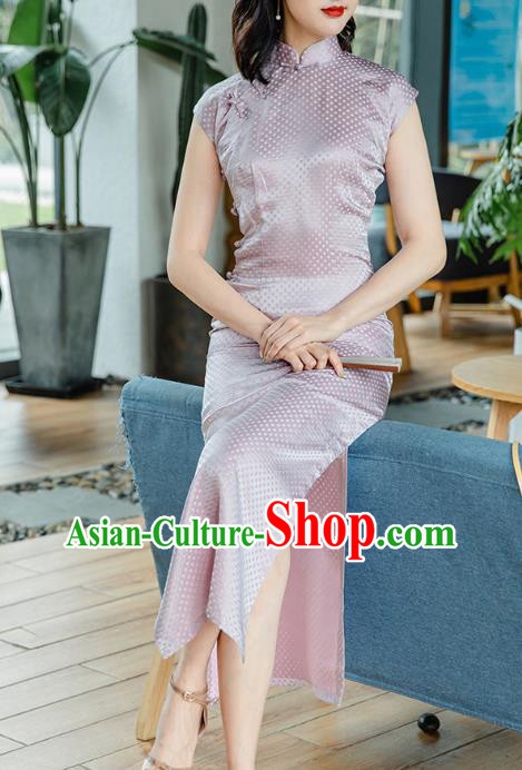 Republic of China Jacquard Brocade Cheongsam Costume Traditional Minguo Lilac Silk Qipao Dress