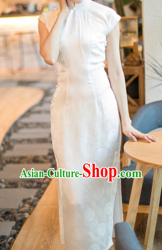 Republic of China Shanghai Beauty White Silk Cheongsam Costume Traditional Minguo Brocade Qipao Dress