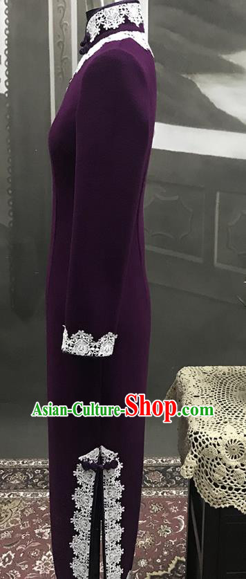 Republic of China Middle Age Woman Cheongsam Costume Traditional Minguo Purple Woolen Qipao Dress