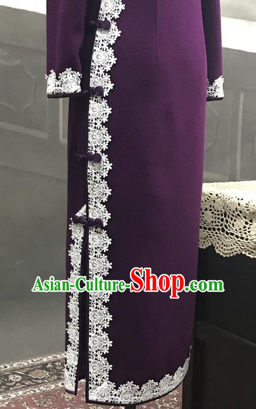 Republic of China Middle Age Woman Cheongsam Costume Traditional Minguo Purple Woolen Qipao Dress
