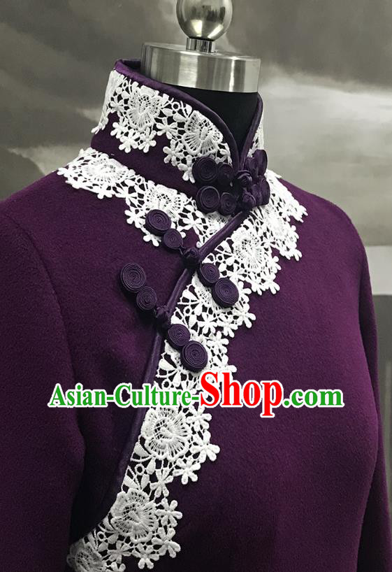 Republic of China Middle Age Woman Cheongsam Costume Traditional Minguo Purple Woolen Qipao Dress