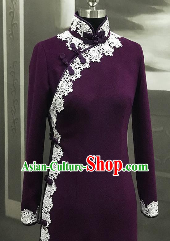 Republic of China Middle Age Woman Cheongsam Costume Traditional Minguo Purple Woolen Qipao Dress