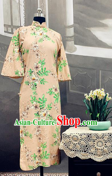 Republic of China Mandarin Sleeve Cheongsam Costume Traditional Minguo Printing Beige Flax Qipao Dress