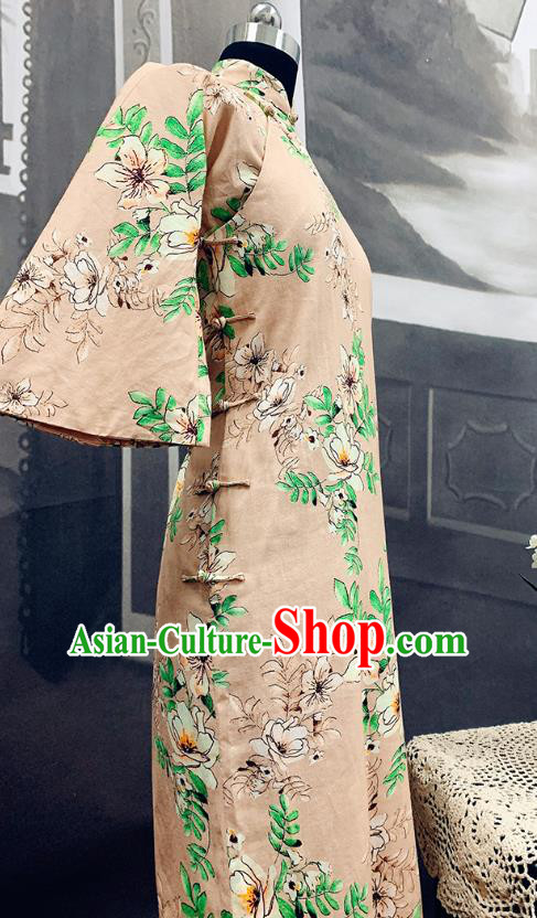 Republic of China Mandarin Sleeve Cheongsam Costume Traditional Minguo Printing Beige Flax Qipao Dress