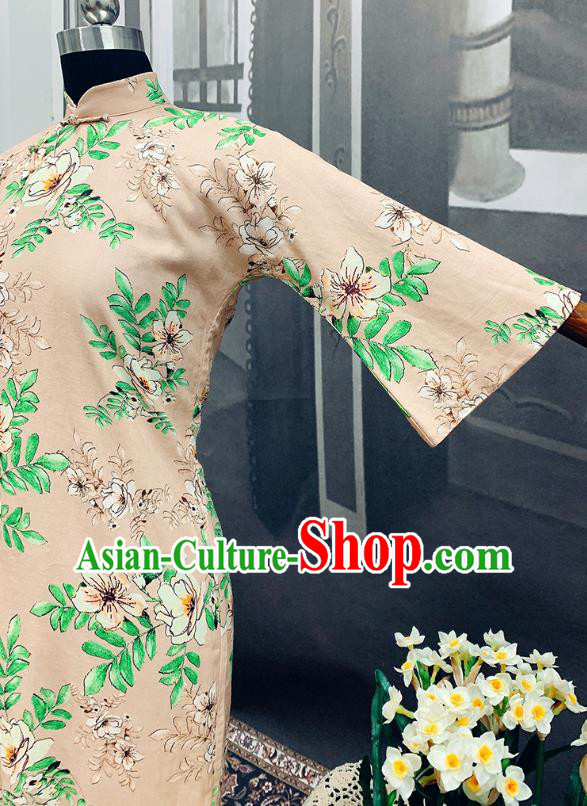 Republic of China Mandarin Sleeve Cheongsam Costume Traditional Minguo Printing Beige Flax Qipao Dress