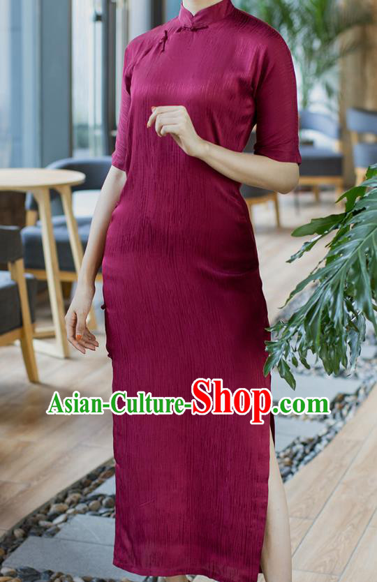 Republic of China Young Woman Cheongsam Costume Traditional Minguo Wine Red Silk Qipao Dress