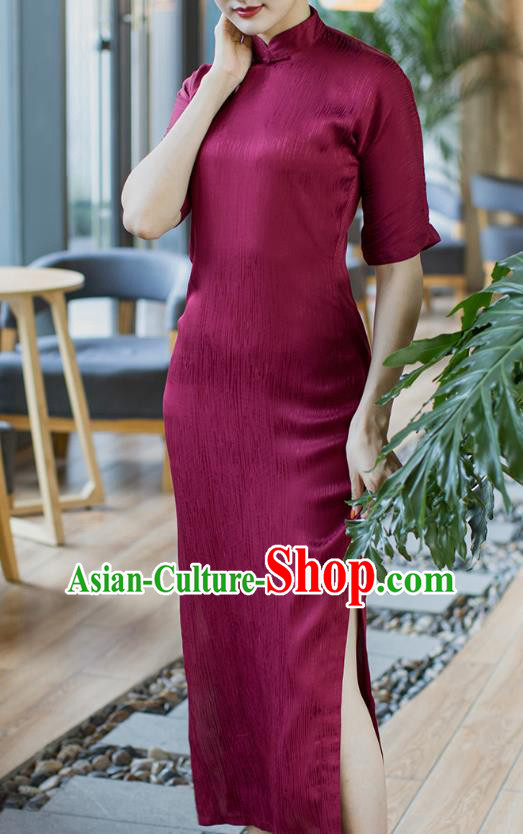 Republic of China Young Woman Cheongsam Costume Traditional Minguo Wine Red Silk Qipao Dress