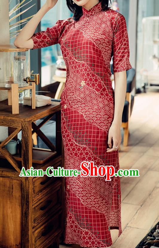 Republic of China Red Silk Cheongsam Costume Traditional Minguo Shanghai Beauty Qipao Dress