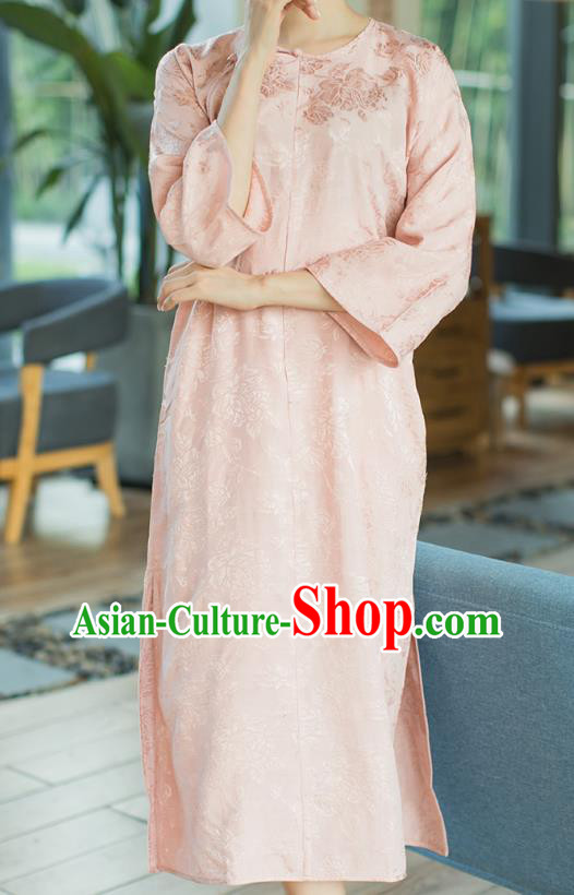 Republic of China Slant Opening Cheongsam Costume Traditional Minguo Pink Brocade Qipao Dress