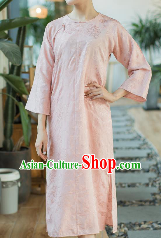 Republic of China Slant Opening Cheongsam Costume Traditional Minguo Pink Brocade Qipao Dress