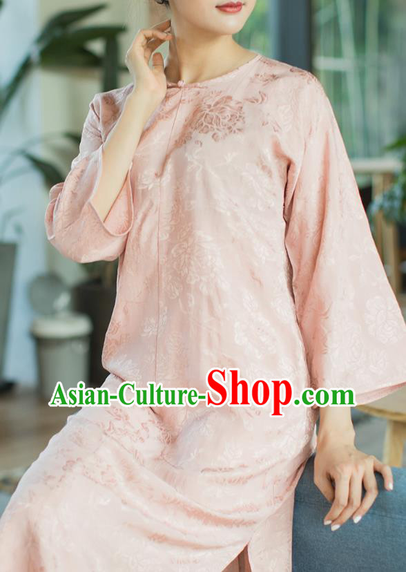 Republic of China Slant Opening Cheongsam Costume Traditional Minguo Pink Brocade Qipao Dress