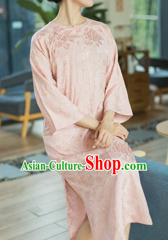 Republic of China Slant Opening Cheongsam Costume Traditional Minguo Pink Brocade Qipao Dress