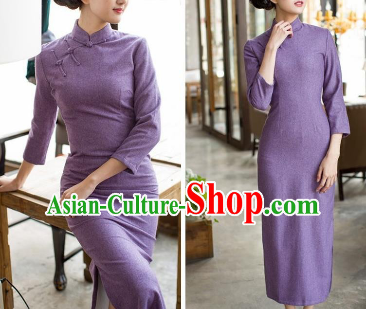 Republic of China Young Woman Cheongsam Costume Traditional Minguo Purple Flannel Qipao Dress