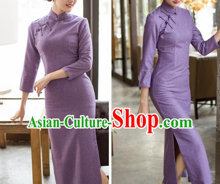 Republic of China Young Woman Cheongsam Costume Traditional Minguo Purple Flannel Qipao Dress