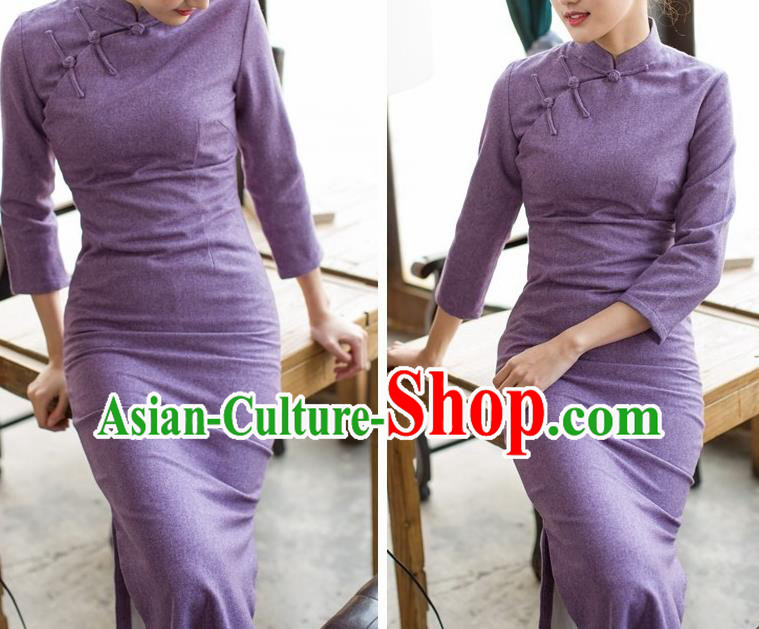 Republic of China Young Woman Cheongsam Costume Traditional Minguo Purple Flannel Qipao Dress