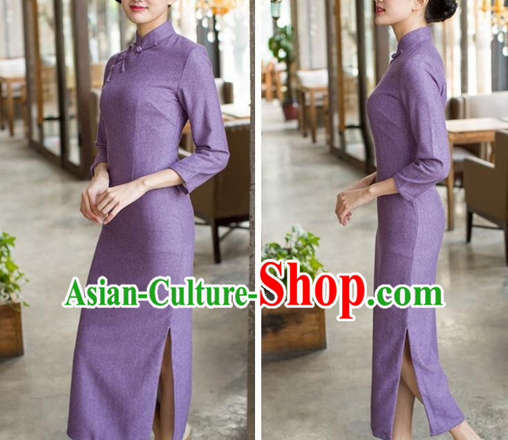 Republic of China Young Woman Cheongsam Costume Traditional Minguo Purple Flannel Qipao Dress