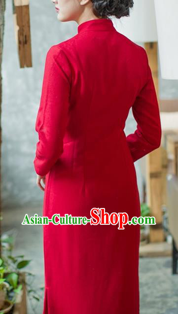 Republic of China Red Flannel Cheongsam Costume Traditional Minguo Young Lady Qipao Dress
