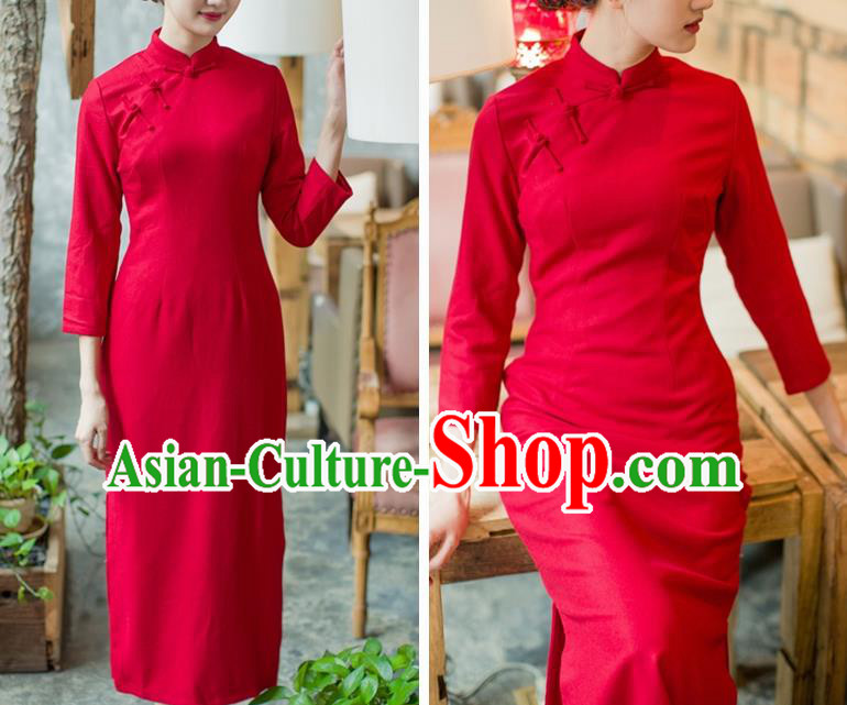 Republic of China Red Flannel Cheongsam Costume Traditional Minguo Young Lady Qipao Dress