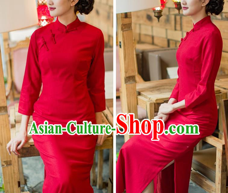 Republic of China Red Flannel Cheongsam Costume Traditional Minguo Young Lady Qipao Dress