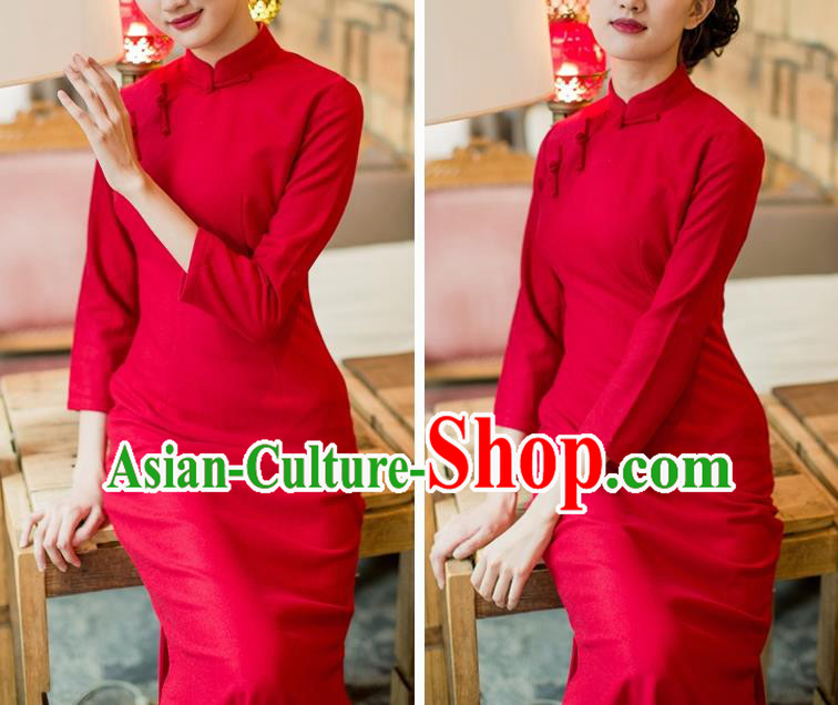 Republic of China Red Flannel Cheongsam Costume Traditional Minguo Young Lady Qipao Dress