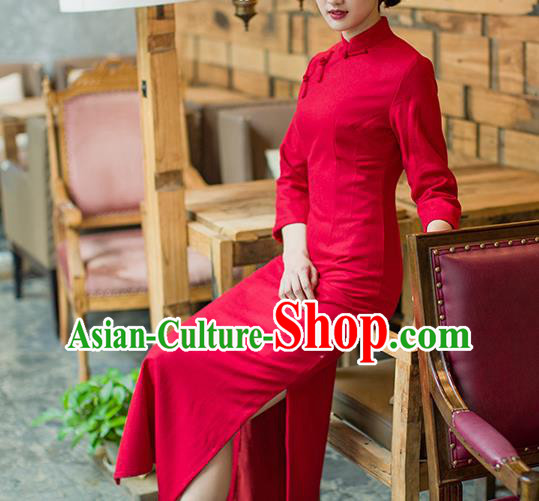 Republic of China Red Flannel Cheongsam Costume Traditional Minguo Young Lady Qipao Dress