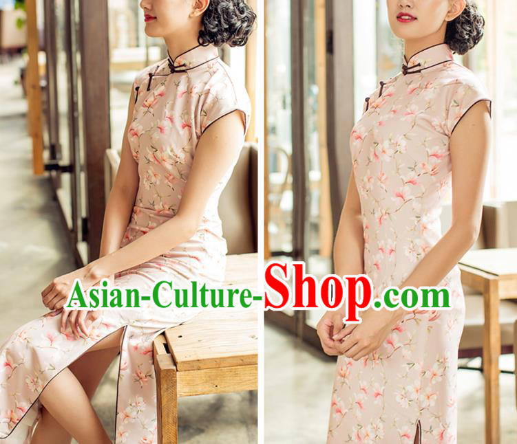 Republic of China Printing Beige Cheongsam Costume Traditional Minguo Shanghai Woman Qipao Dress