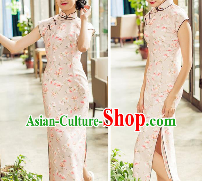 Republic of China Printing Beige Cheongsam Costume Traditional Minguo Shanghai Woman Qipao Dress